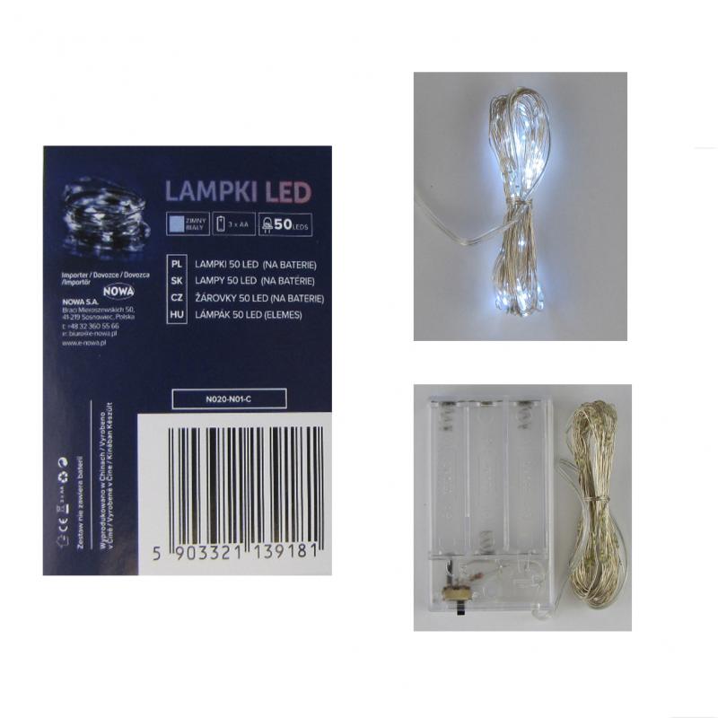 Lampki na drucie LED 50 <br>na baterie, białe zimne